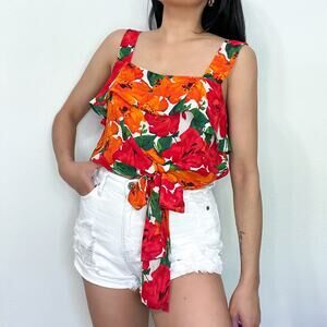 Zara Orange White Green Floral Tank Top Medium